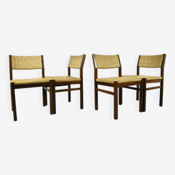 Ensemble de 4 chaises à repas vintage avec assise en roseau par Pastoe, 1970