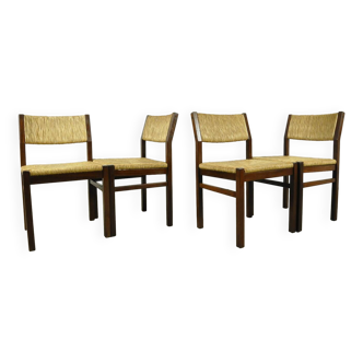 Ensemble de 4 chaises à repas vintage avec assise en roseau par Pastoe, 1970