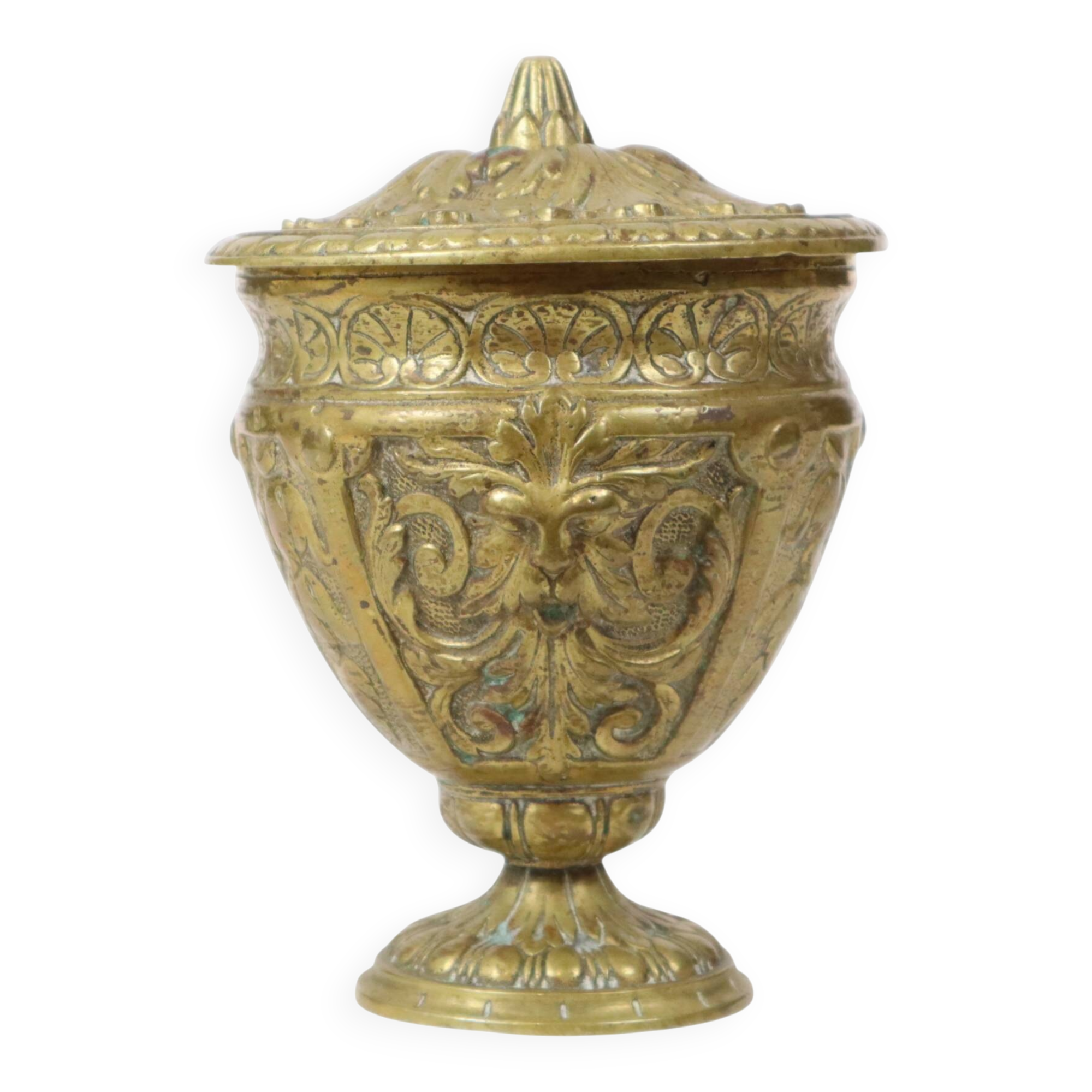 Old Brass Cup Goblet with Lid Mythical Figure 14cm
