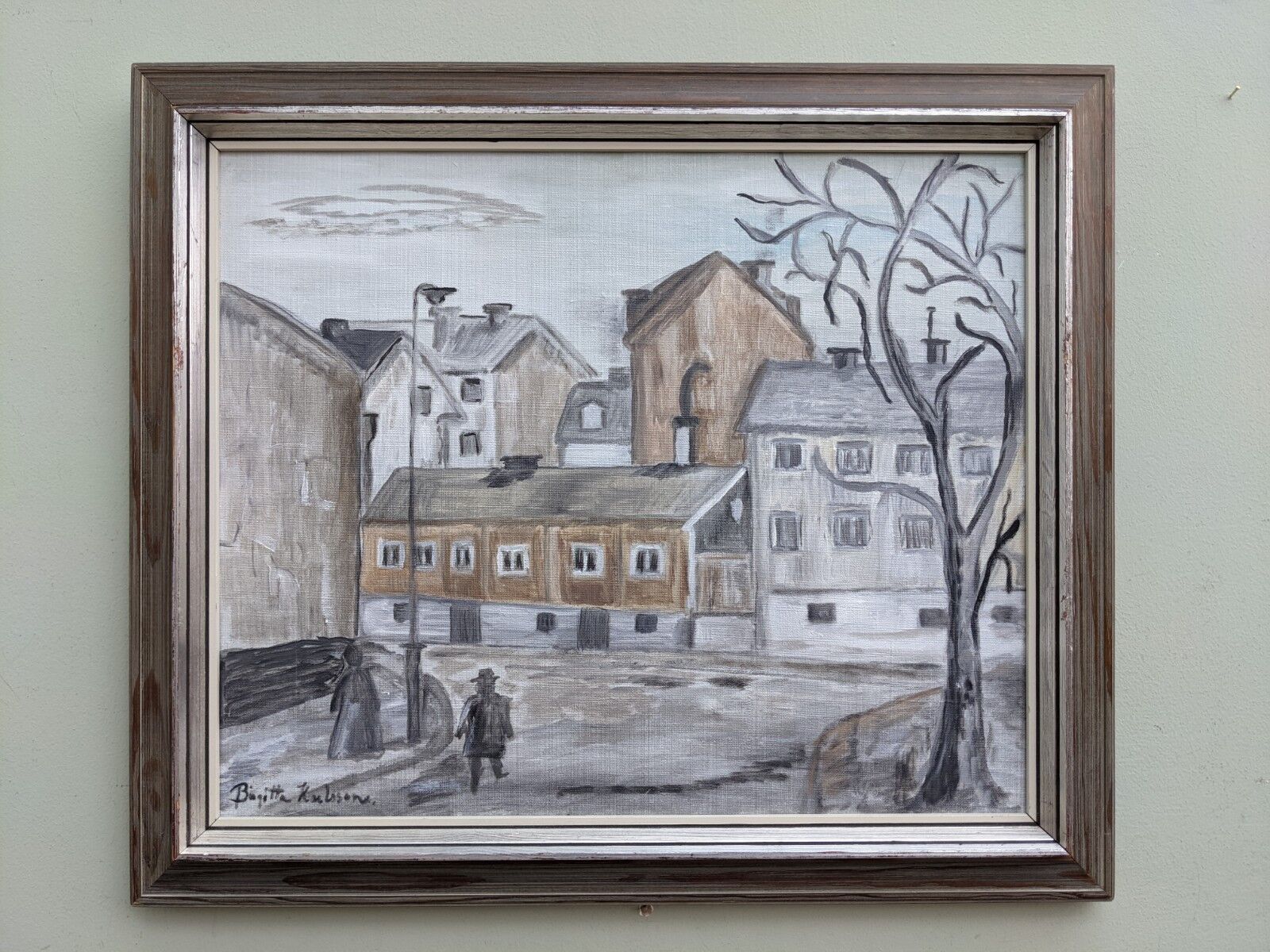 Mid-Century Modern "Stroll" Swedish Vintage Street Scene Oil Painting, Framed