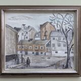 Mid-Century Modern "Stroll" Swedish Vintage Street Scene Oil Painting, Framed