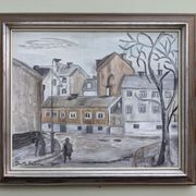 Mid-Century Modern "Stroll" Swedish Vintage Street Scene Oil Painting, Framed