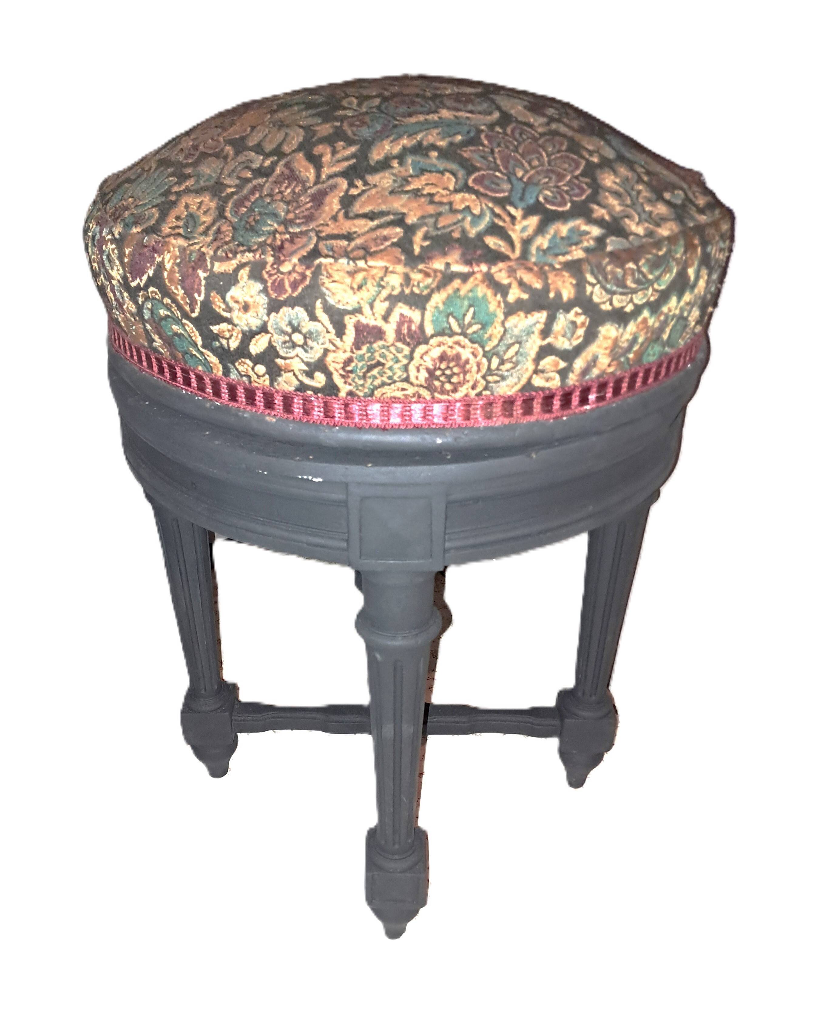 Black wood piano stool XIX Napoleon III style restoration fabric upholstery living room decoration
