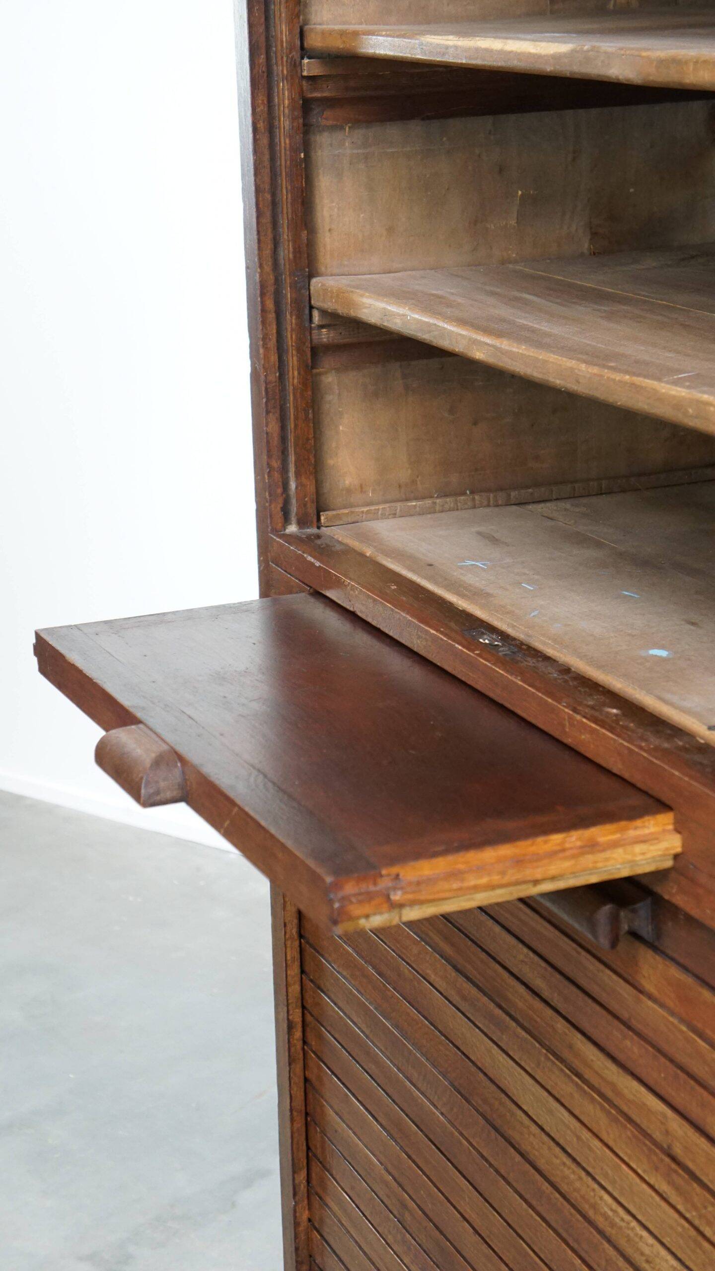 Antique oak notary cabinet with two roller doors and a working lock