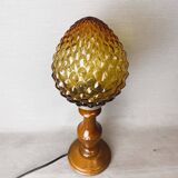 Rustic wooden table lamp with amber pine cone glass lampshade