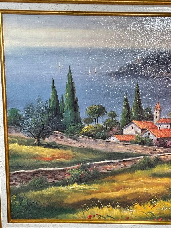 Landscape hamlet sea view - oil or acrylic on canvas , signed Ramsey