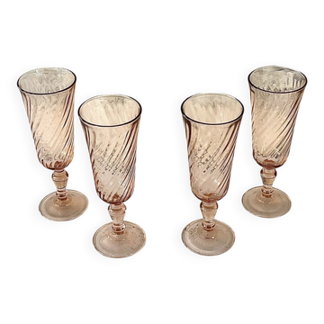 Champagne flutes set of 4, pink French swirl glass stemware