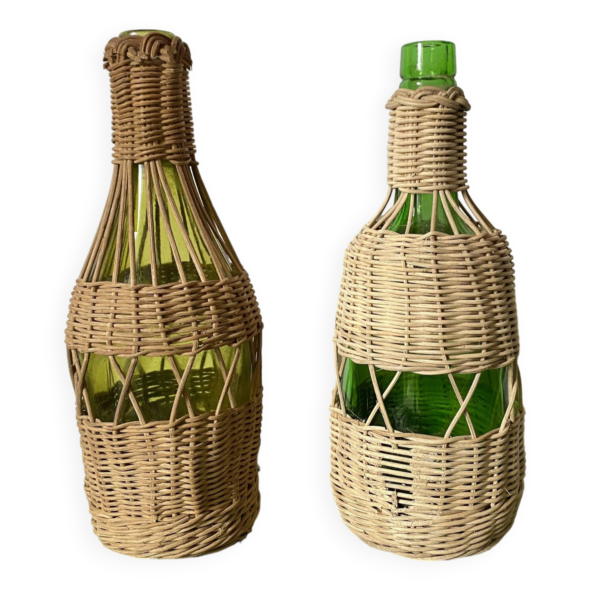 Glass bottles and woven rattan