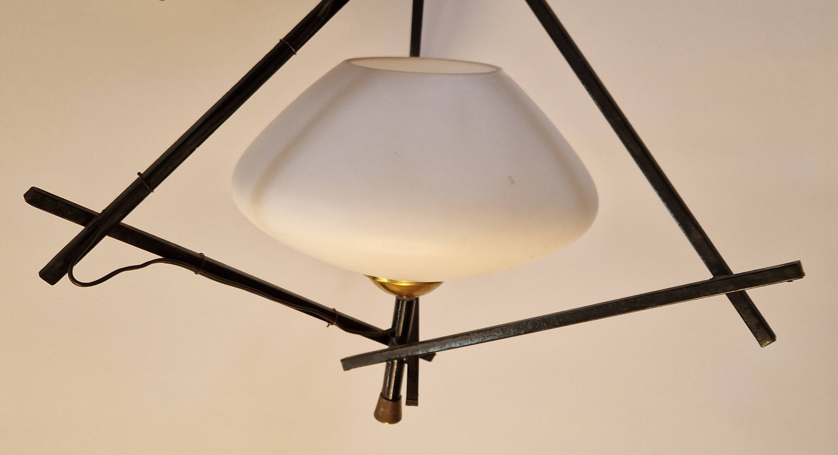Opaline and metal triangular pendant light from Maison Lunel, 1950