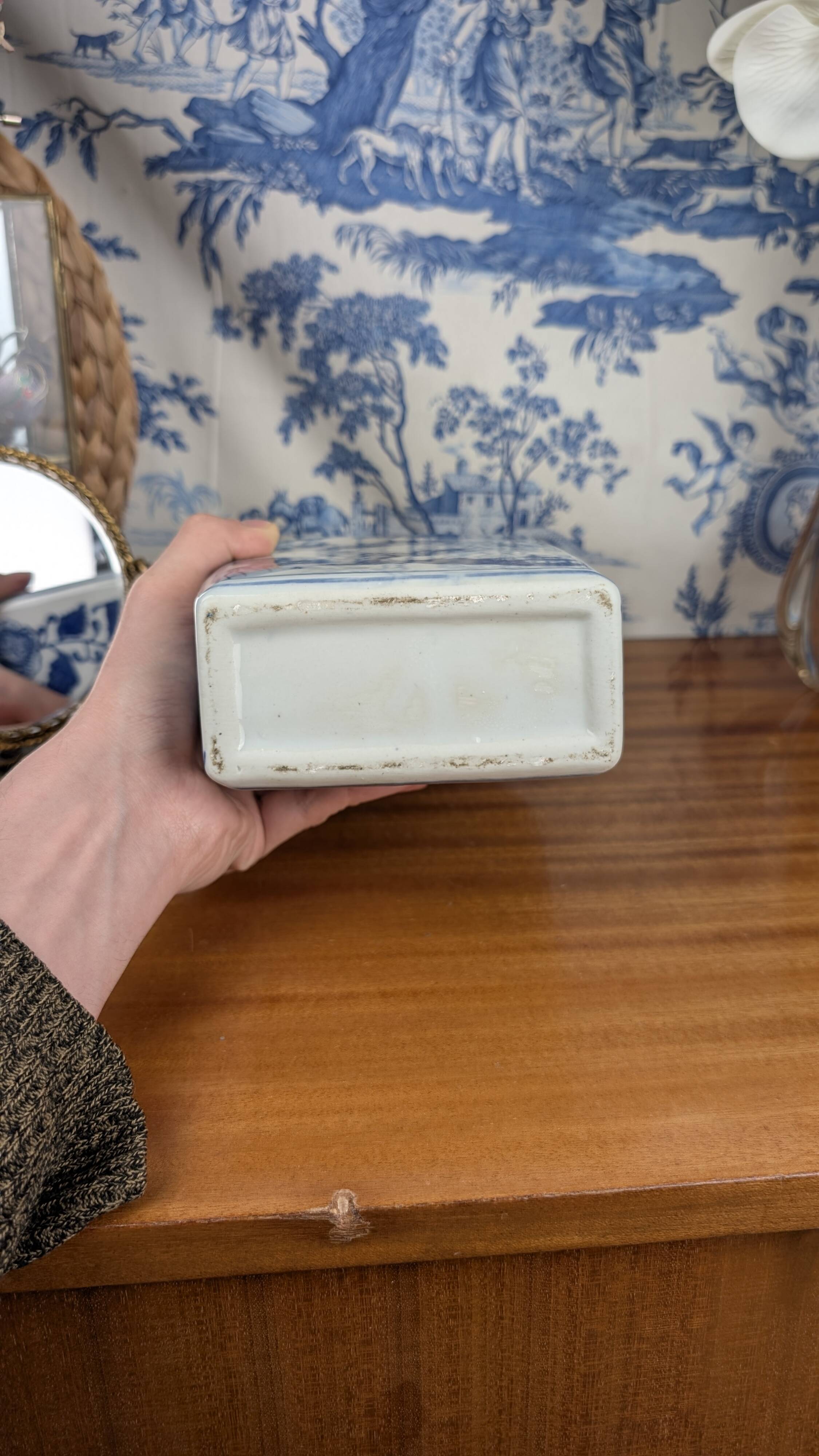 Rectangular Hue Blue Vase Vietnamese Landscape Decor 20th Century