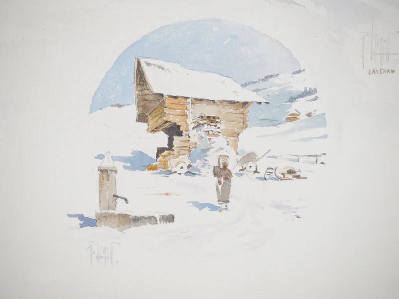 René leverd: switzerland, the sheepfold of lagnau, original signed watercolor