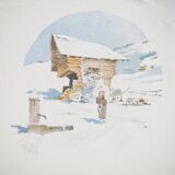 René leverd: switzerland, the sheepfold of lagnau, original signed watercolor