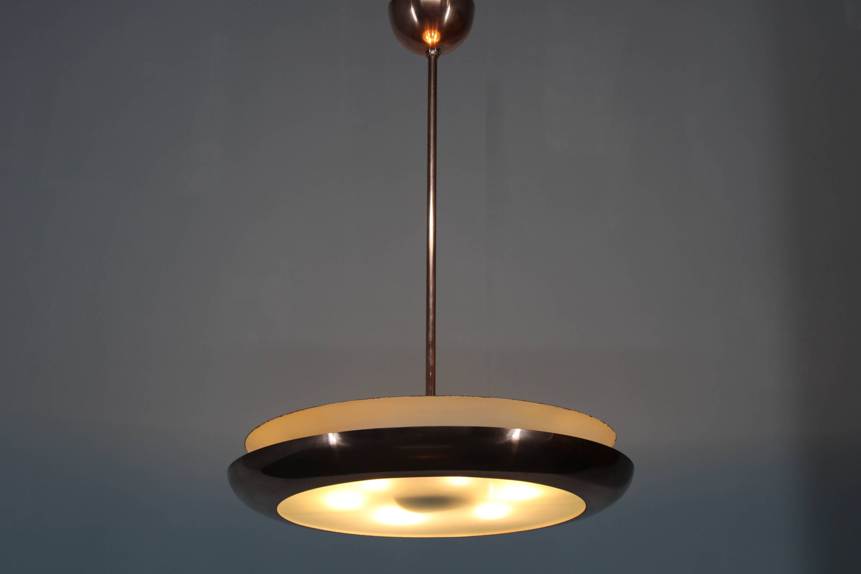 1930s "ufo" chandelier in copper finish by josef hurka, czechoslova