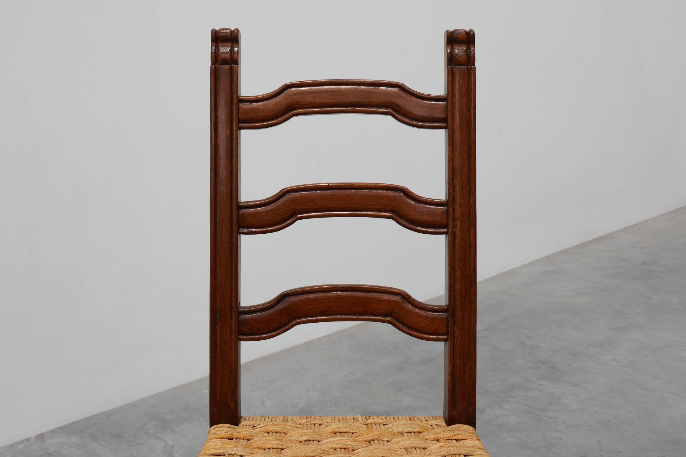 Set of 8 Brutalist Mid-Century Chairs in Wood and Wicker, Belgium ca. 1970