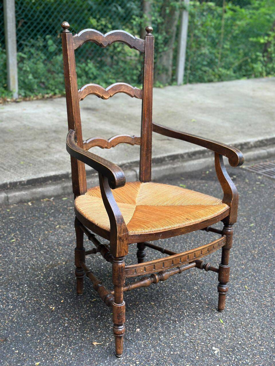 19th-century solid wood straw chair 111cm