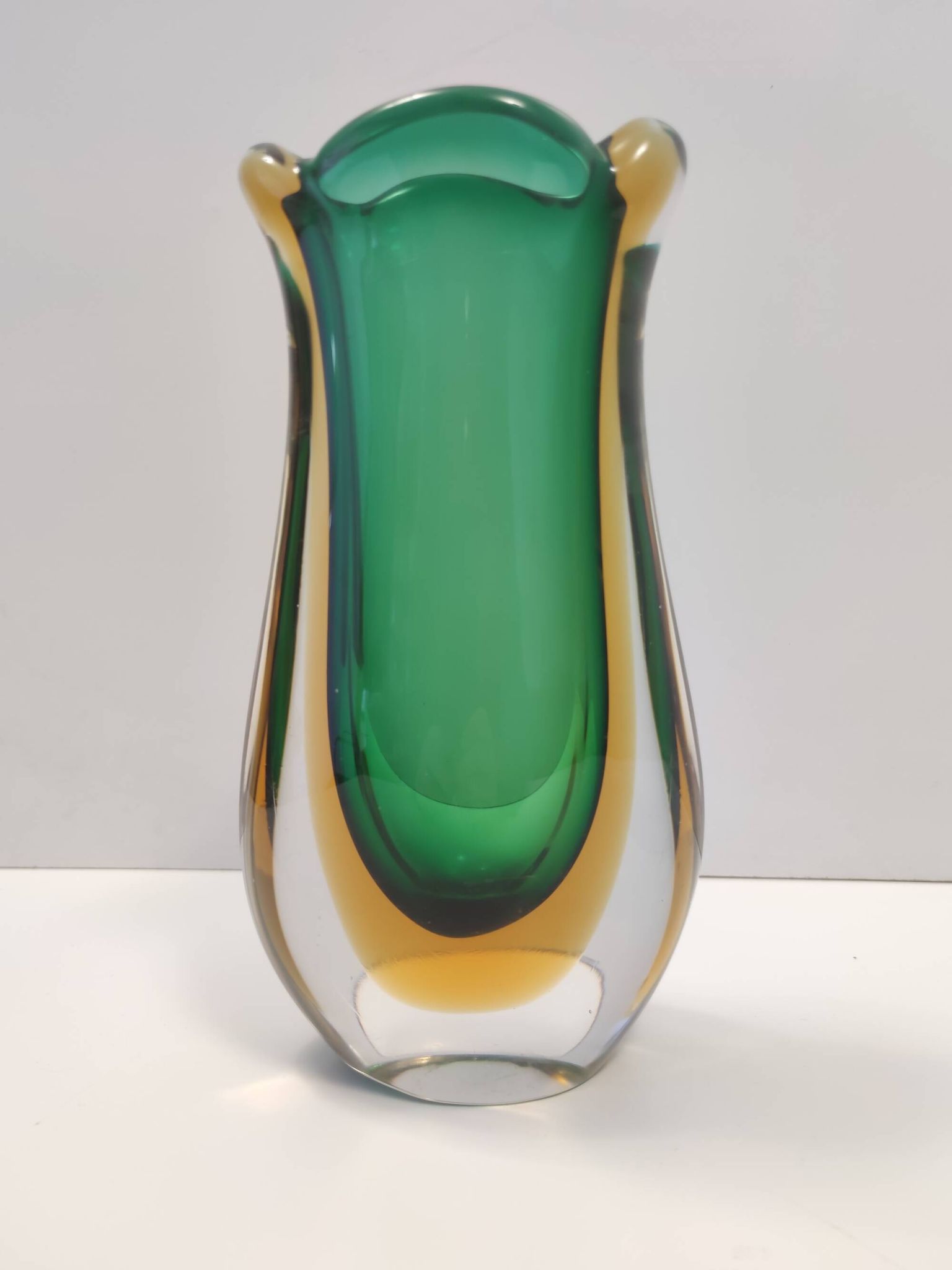 Green and Yellow Sommerso Murano Glass Vase attr. to Flavio Poli, Italy