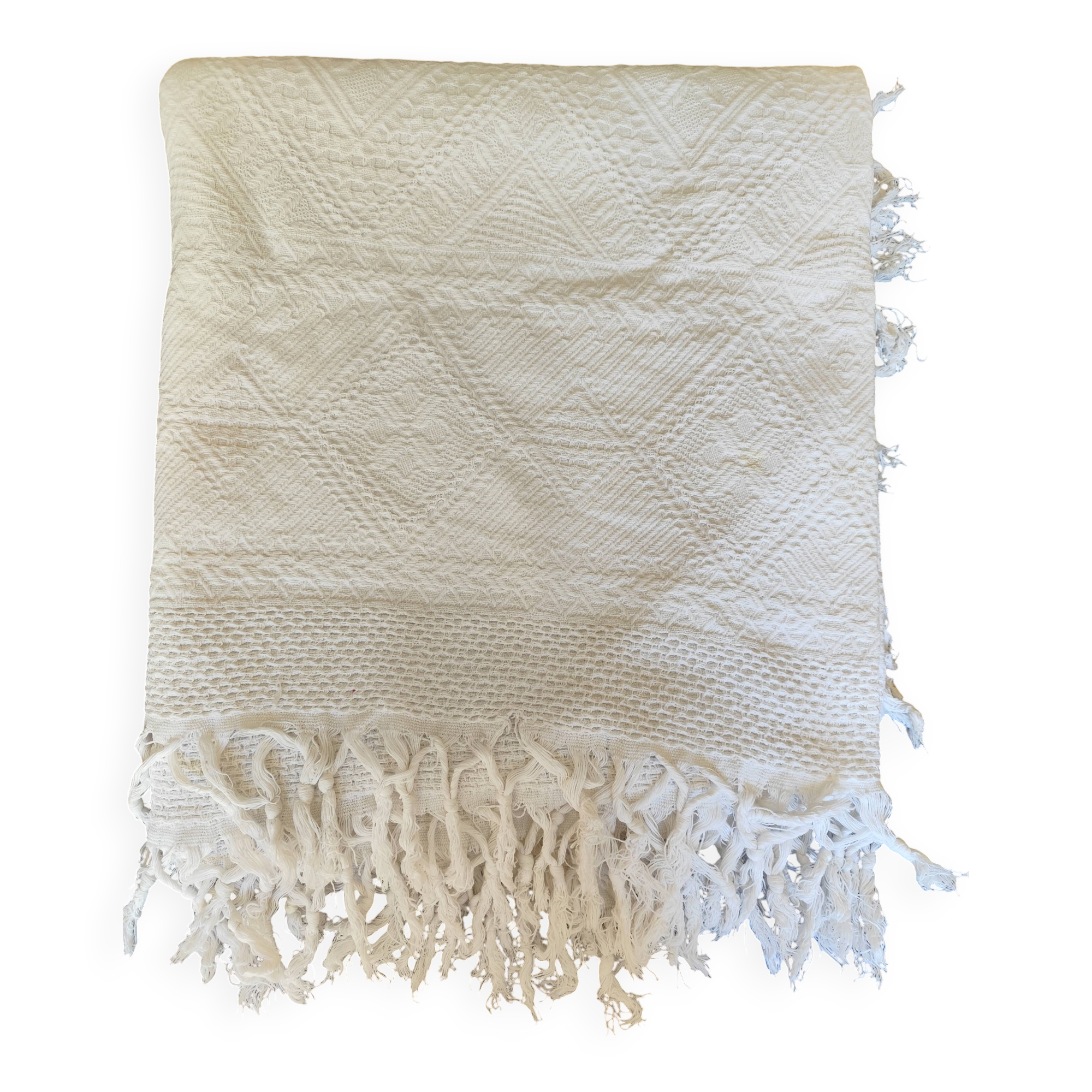 White cotton bedspread, vintage woven cotton bed throw.