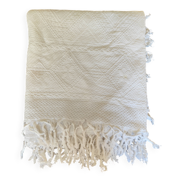 White cotton bedspread, vintage woven cotton bed throw.