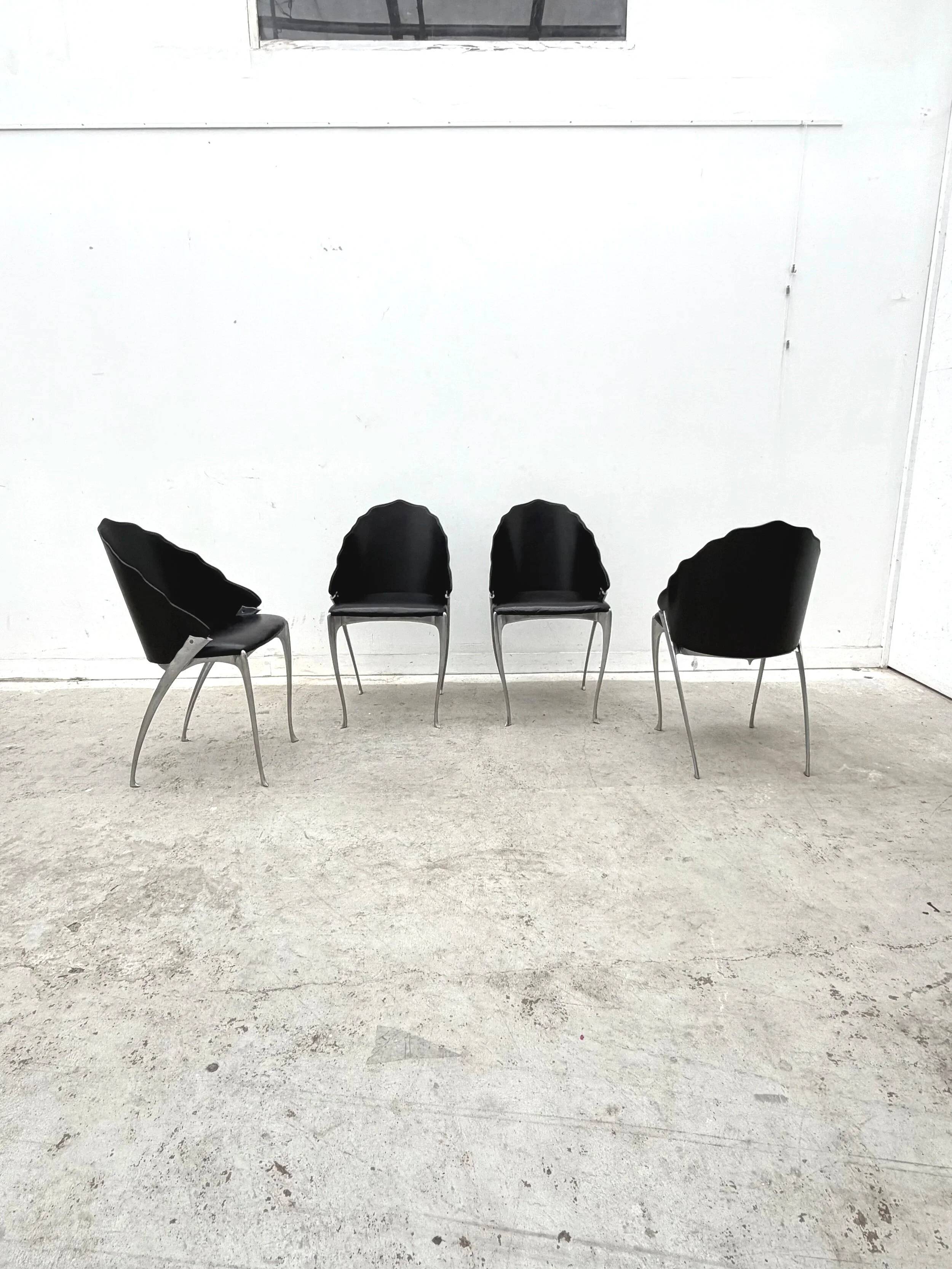Set of 4 chairs by Bernard Dequet for Protis France Design in cast aluminum and leather, France 1980