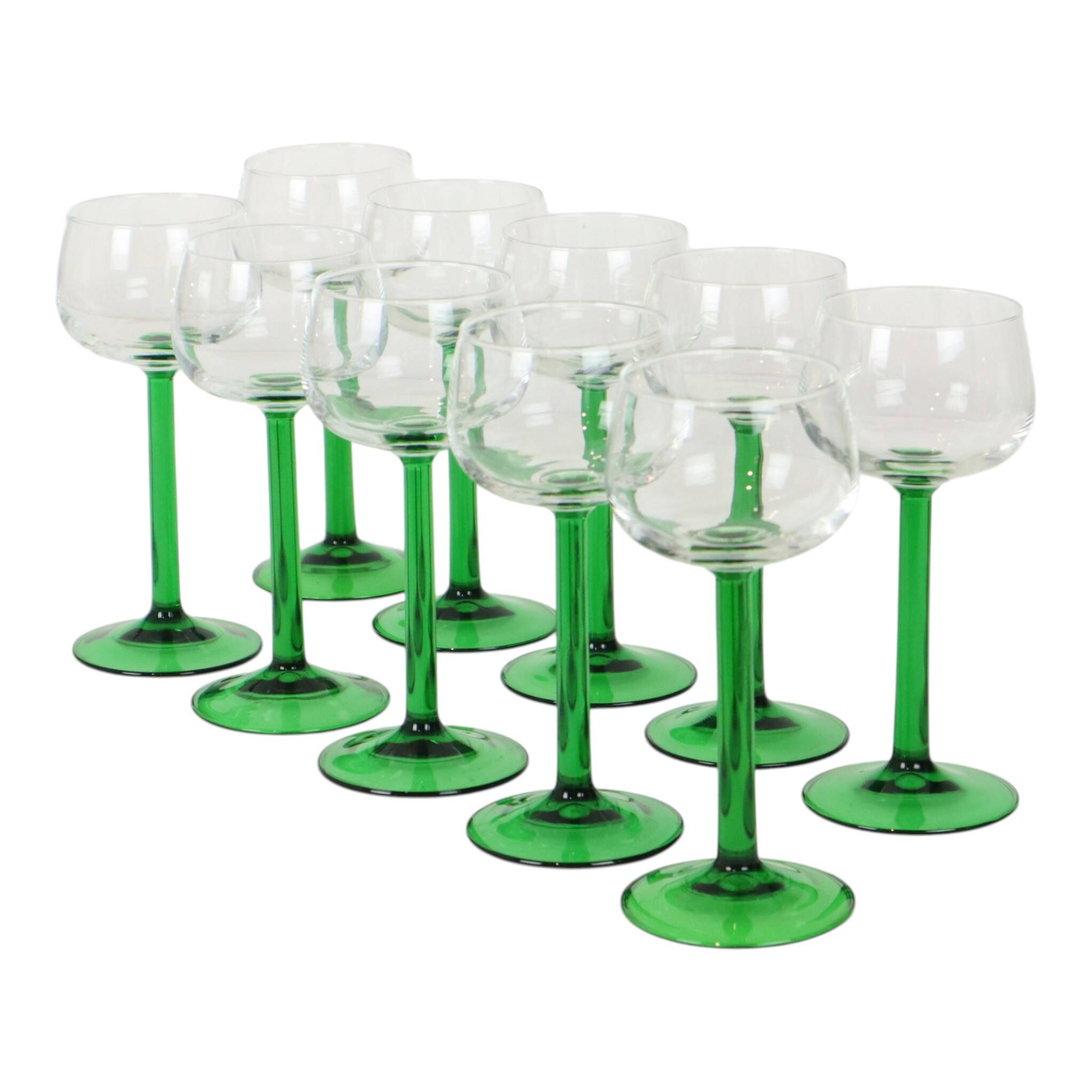 Set of 10 Vintage Luminarc Alsace Wine Glasses Thick Green Stems
