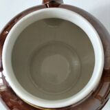 Vintage brown glazed earthenware teapot, mid-century sculptural decor.