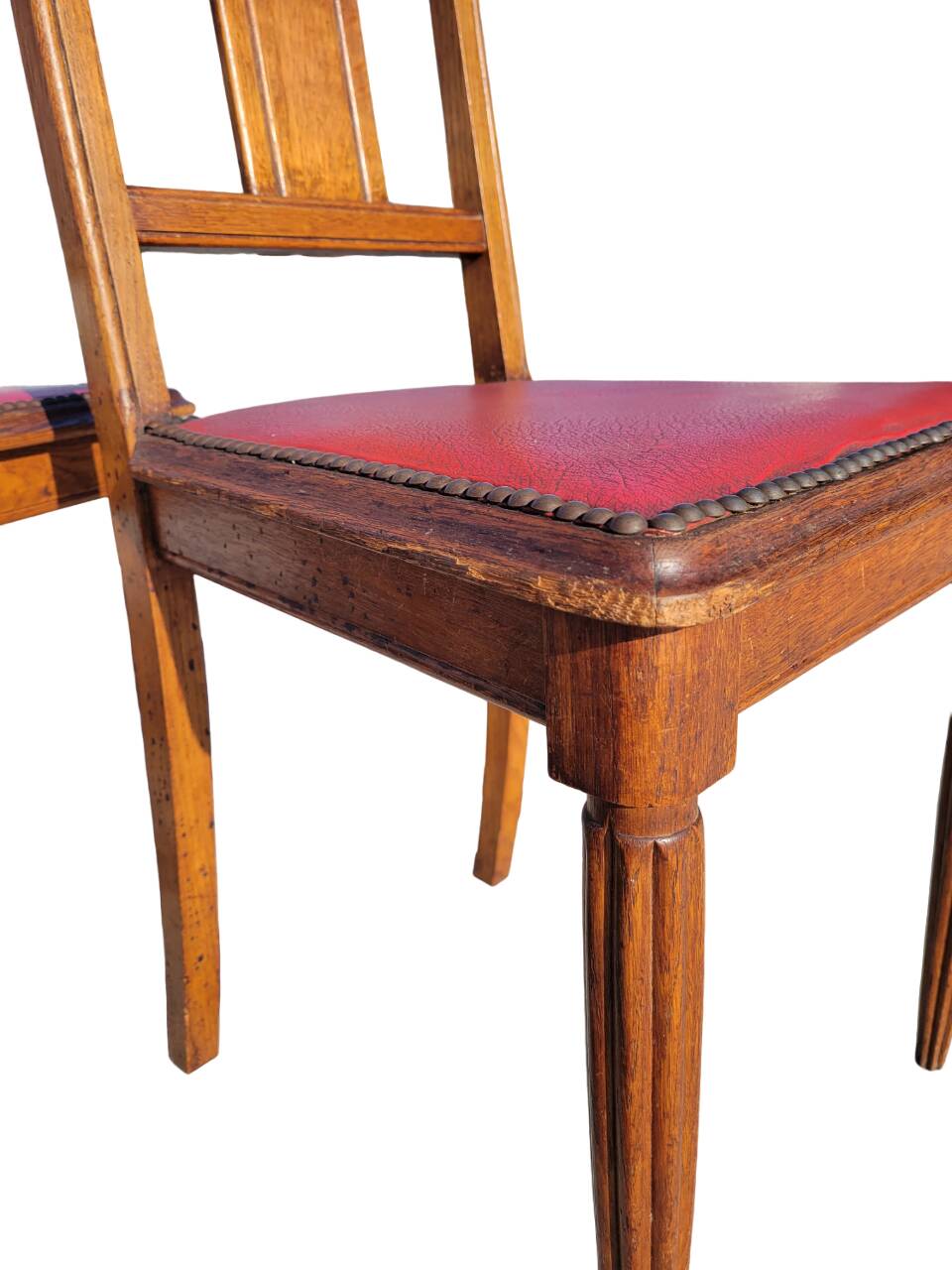 Set of 4 Art Deco Chairs in wood and red imitation leather