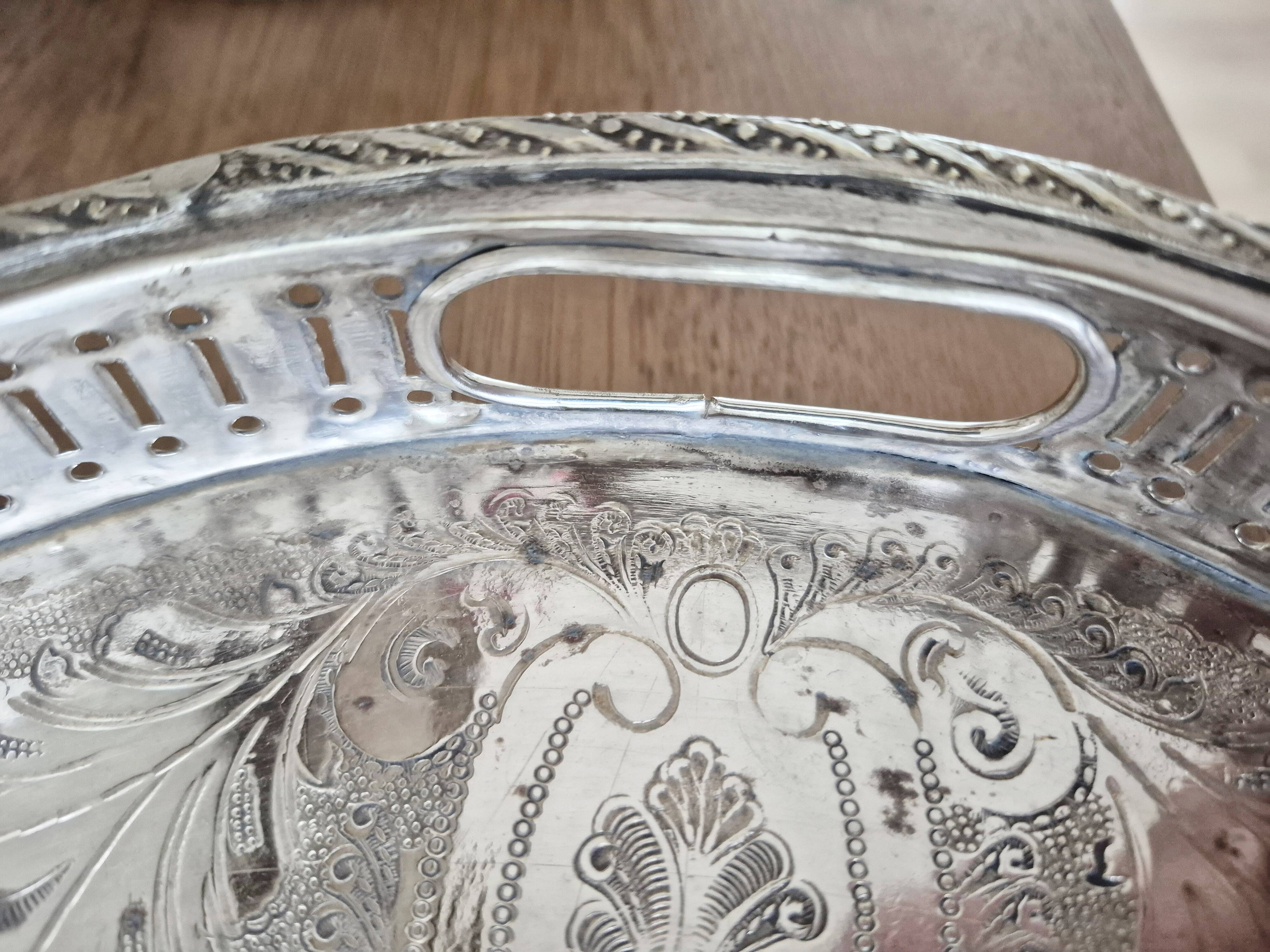 Oval silver-plated metal serving dish