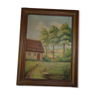 Tableau paysage naif sur panneau