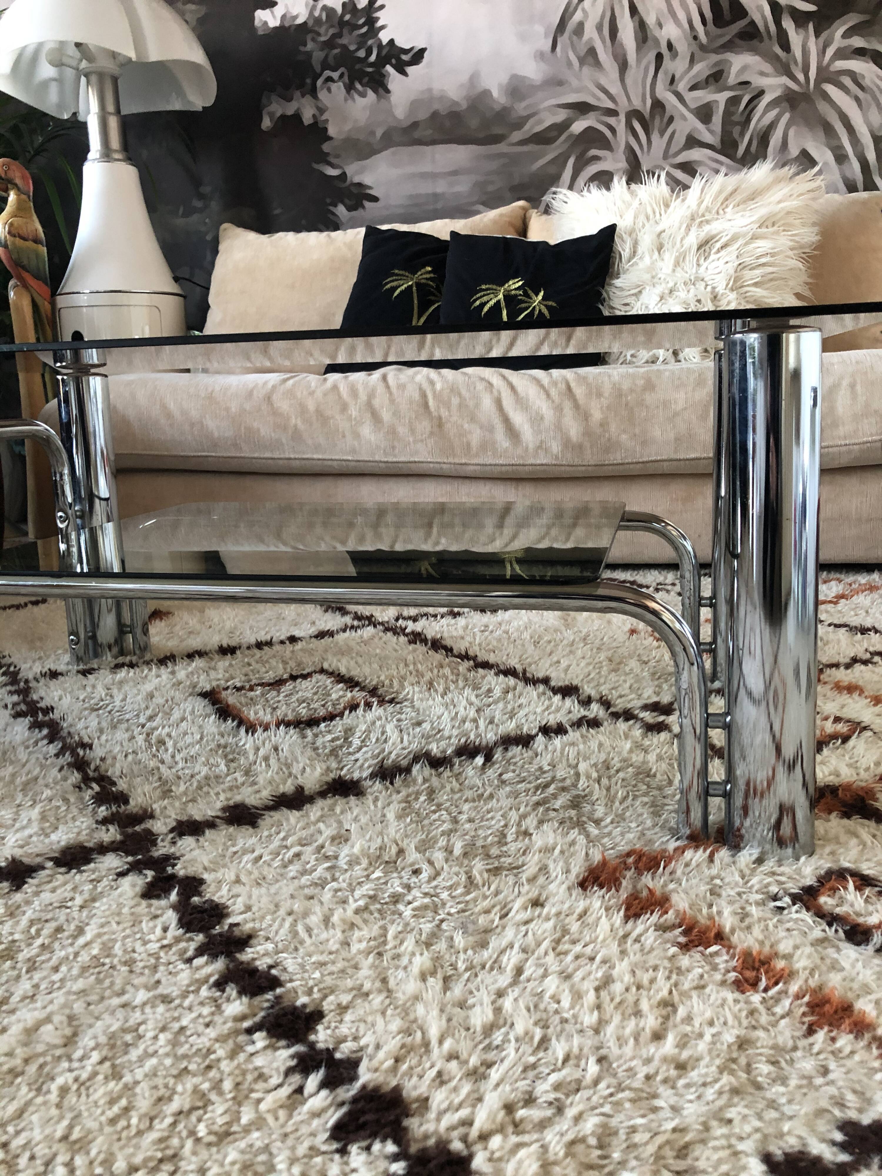 Chromium coffee table and 1970s smoked glass