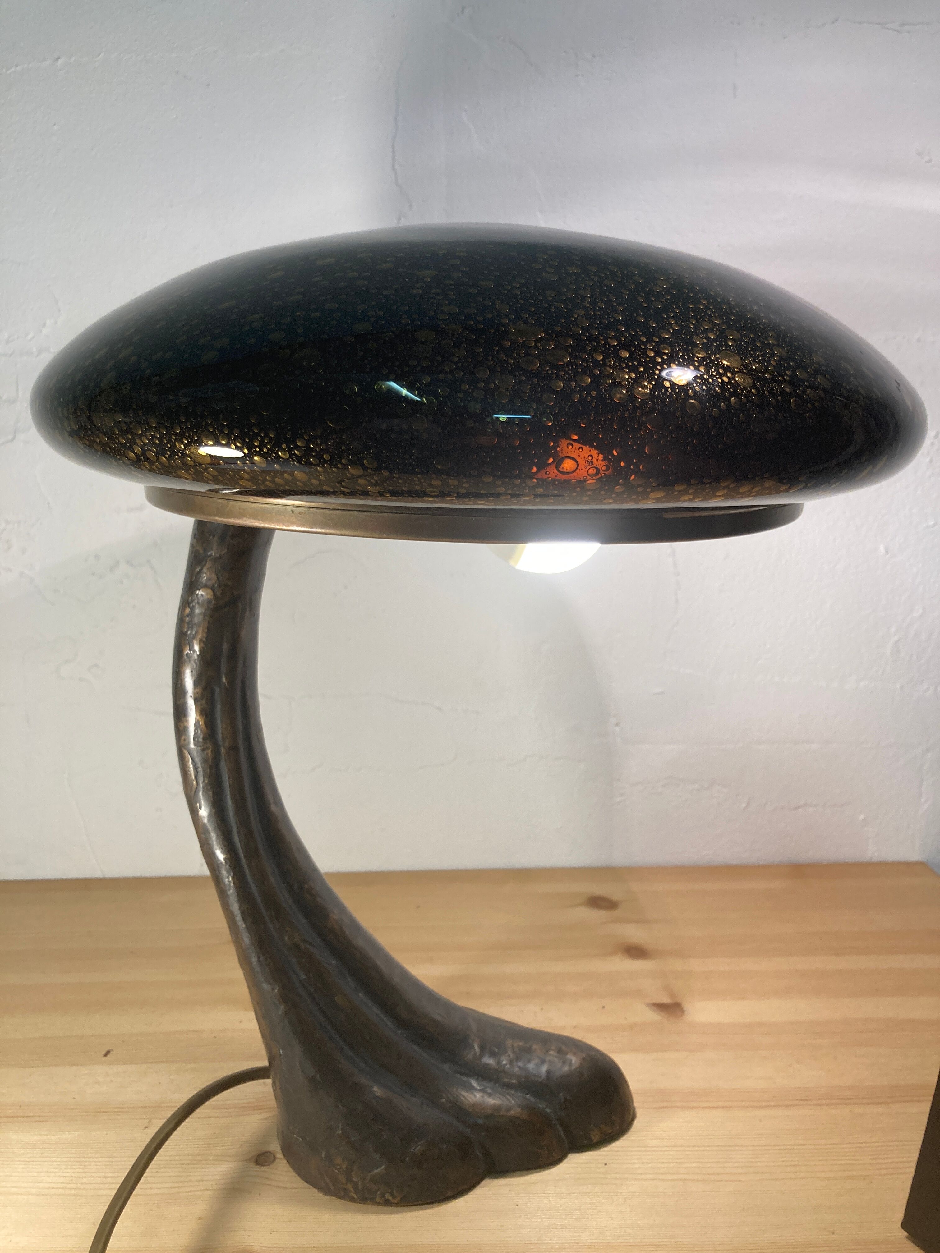 Art Deco organic mushroom bronze Murano bubble glass desk lamp