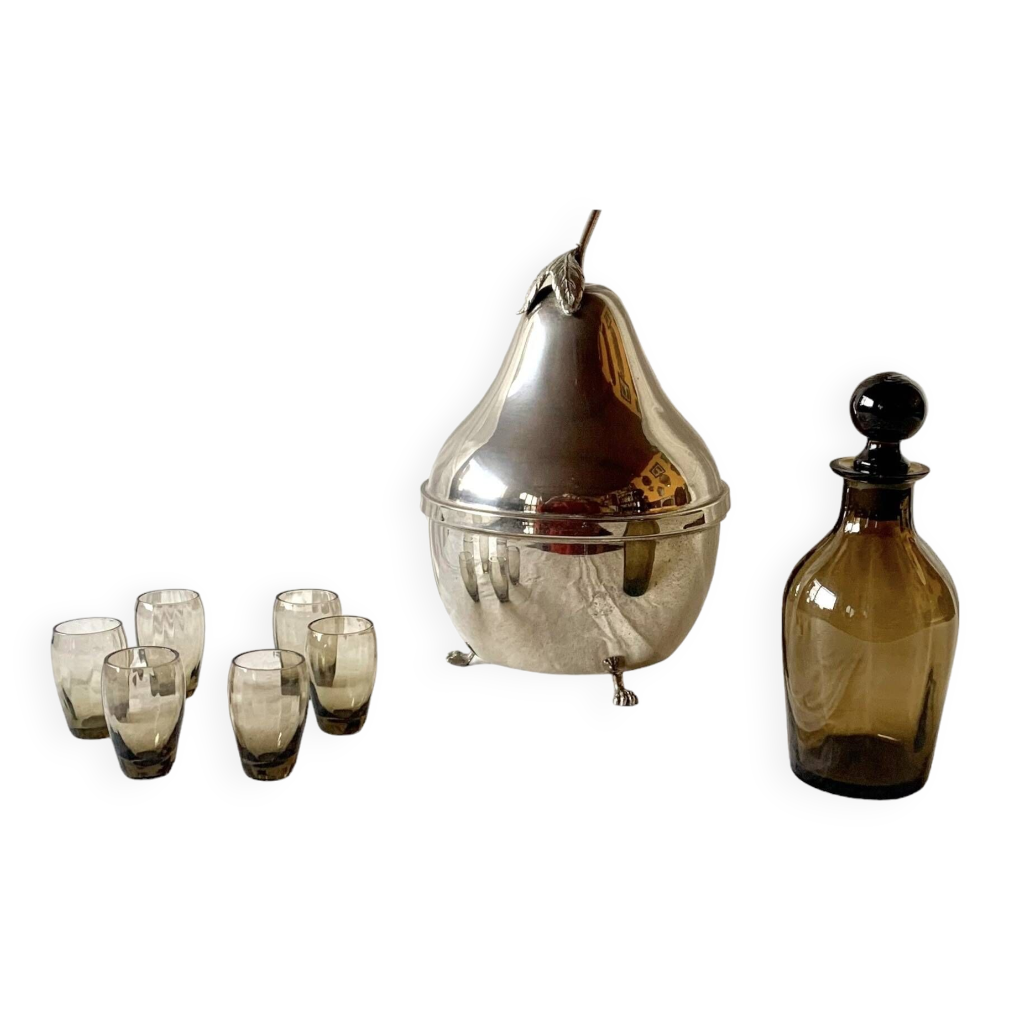 Chromed metal pear - 1 carafe and 6 amber crystal glasses - liquor cellar