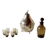 Chromed metal pear - 1 carafe and 6 amber crystal glasses - liquor cellar
