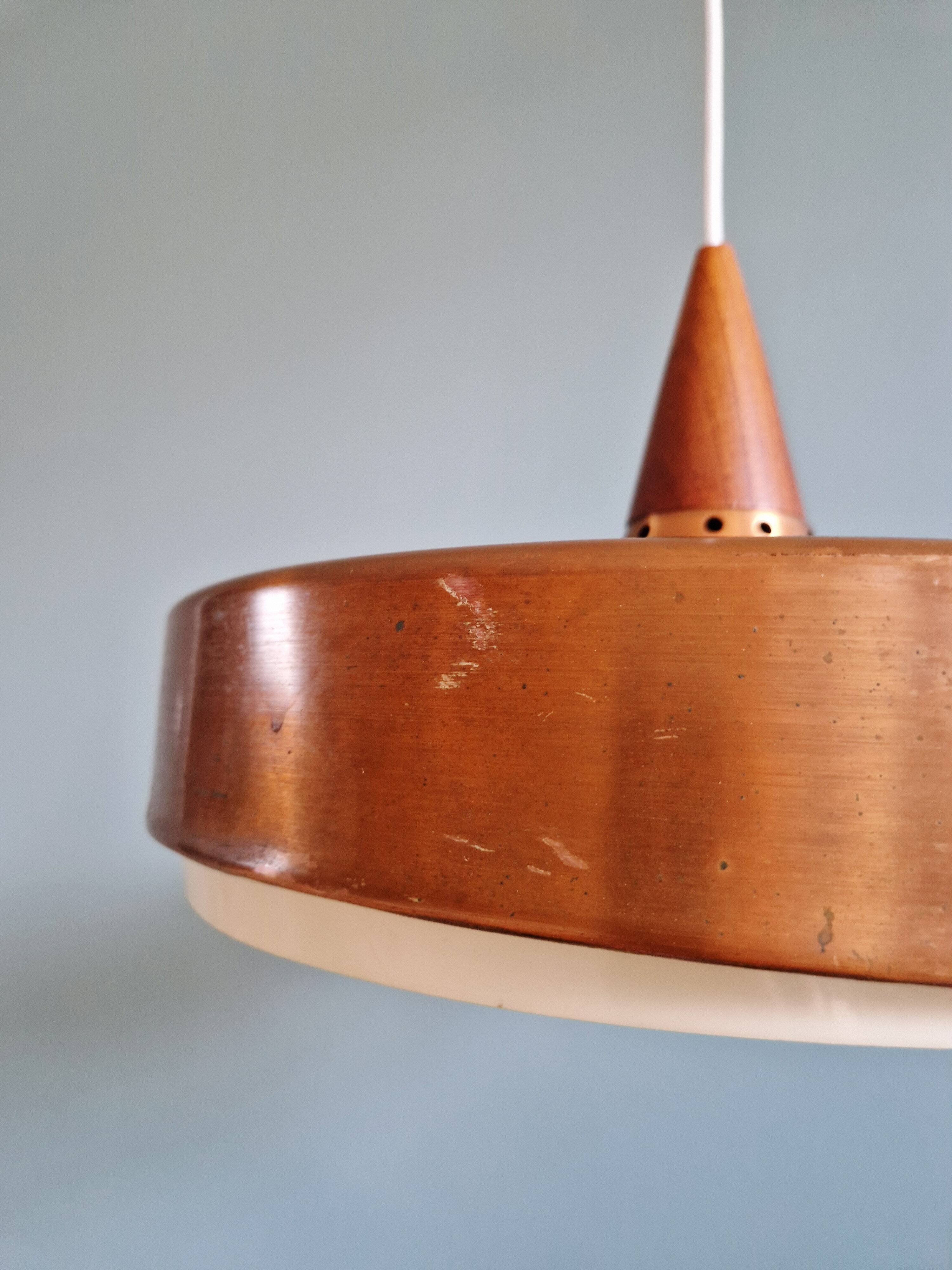 Scandinavian pendant light in copper and teak, 1960s