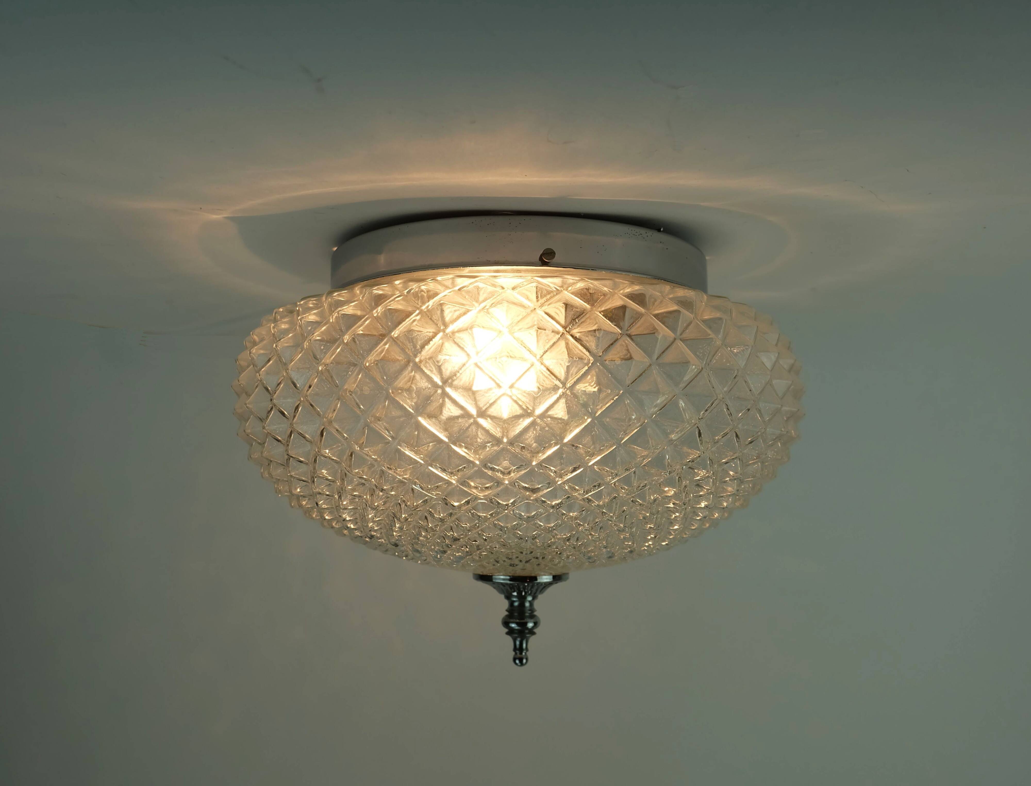 Vintage glass ceiling lamp textured glass and chrome 1970s
