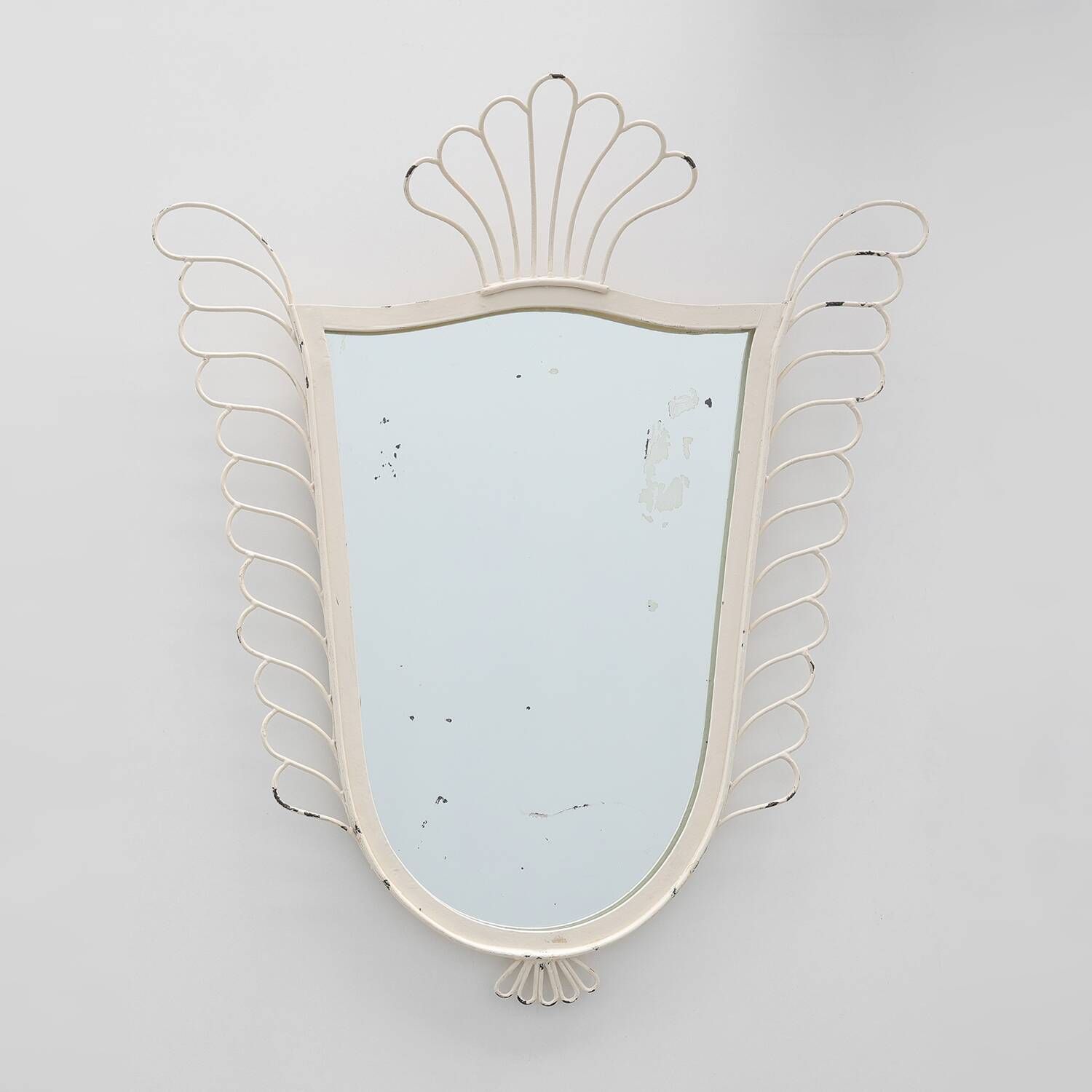 French White Lacquered Metal Mirror with Looped Wire Frame and Fan Crest, 1