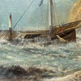 19th century oil on canvas depicting an animated marine scene with its gilded wooden frame