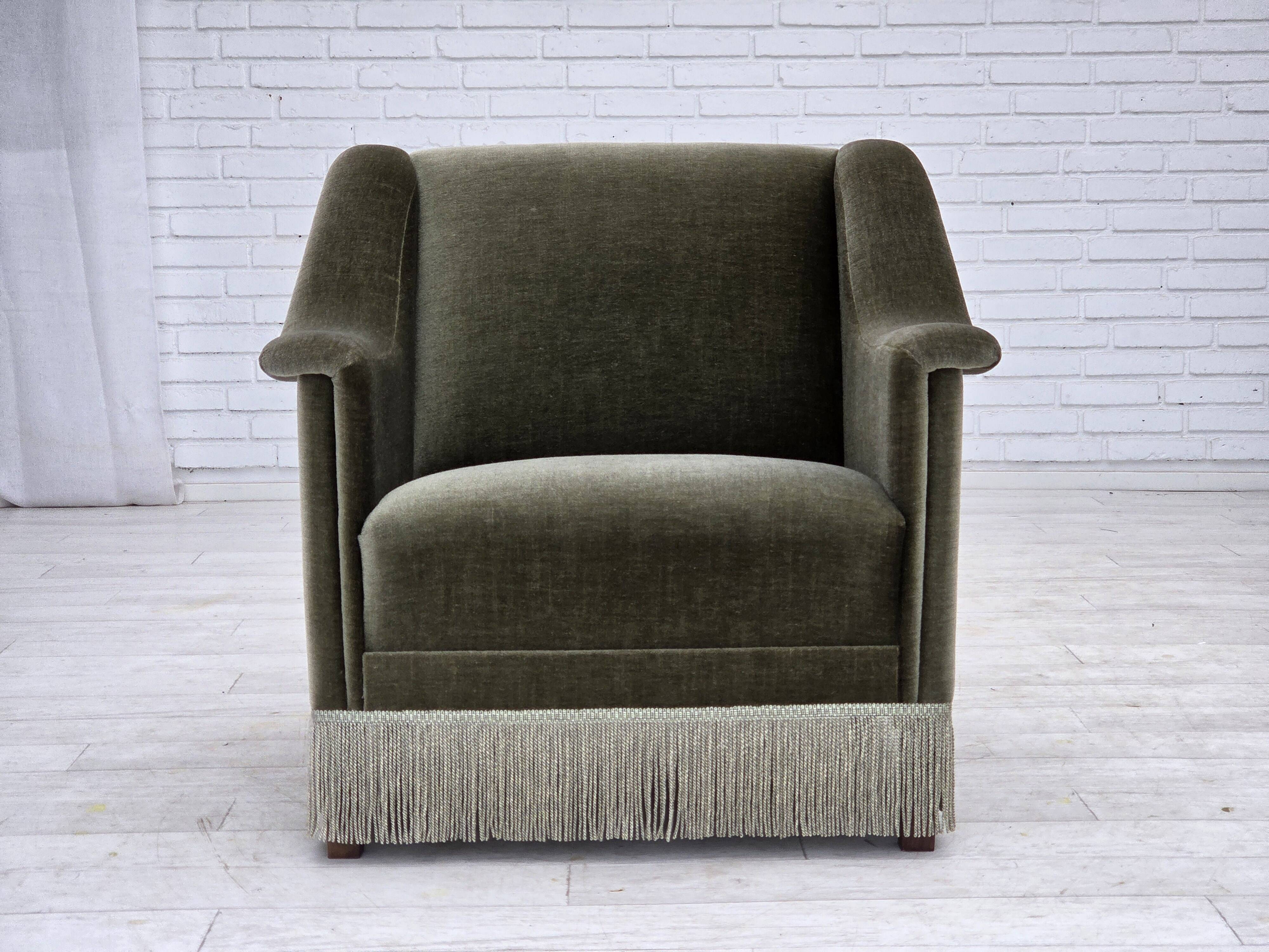 1970s, Danish armchair, original green furniture velour, beech wood.