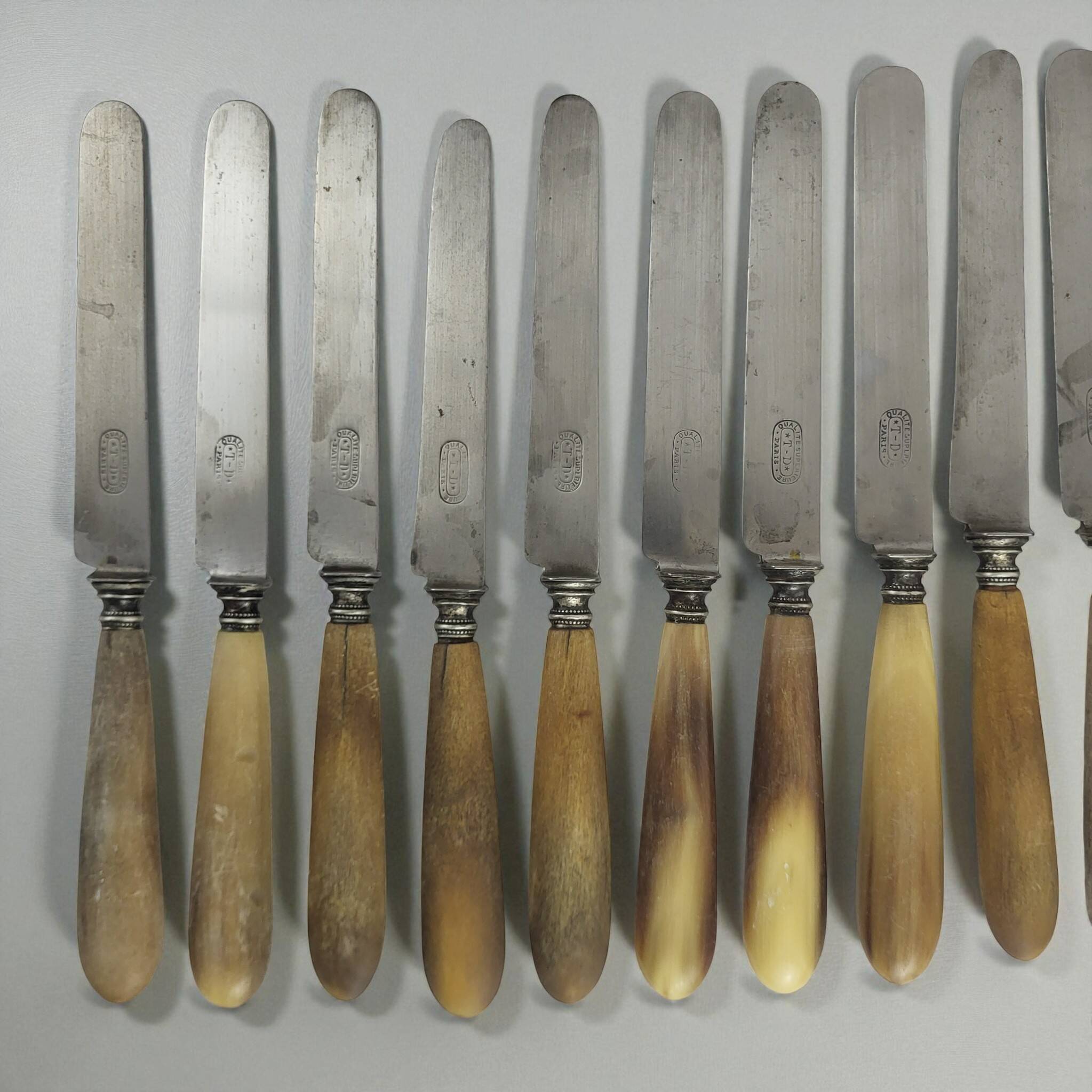 11 cheese/dessert knives with horn and steel handles, T-D Paris