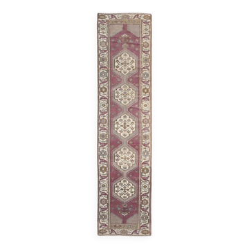 Tapis de couloir oriental persan en laine prune et beige