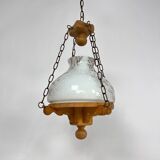 Large brutalist oak and marbled glass pendant, 1960s