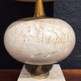 Travertine and gold metal lamp by Philippe Barbier with its custom-made lampshade