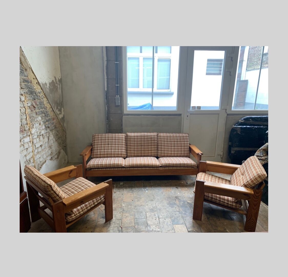 Brutalist pine sofa and armchair, france, 1960
