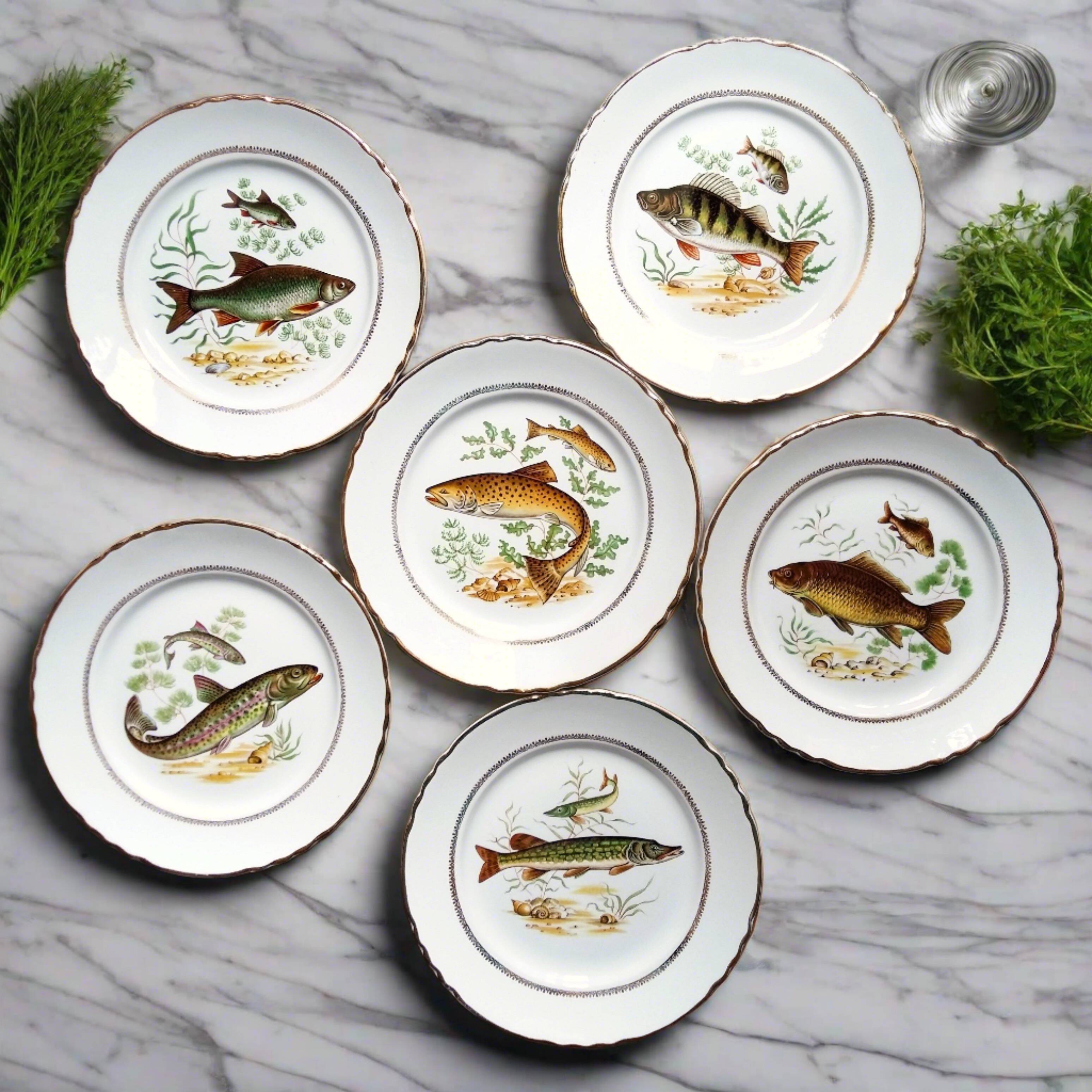 Six Vintage Fish Plates by Moulin des Loups. French Fish Plate Set. Fish Dinnerware Set.