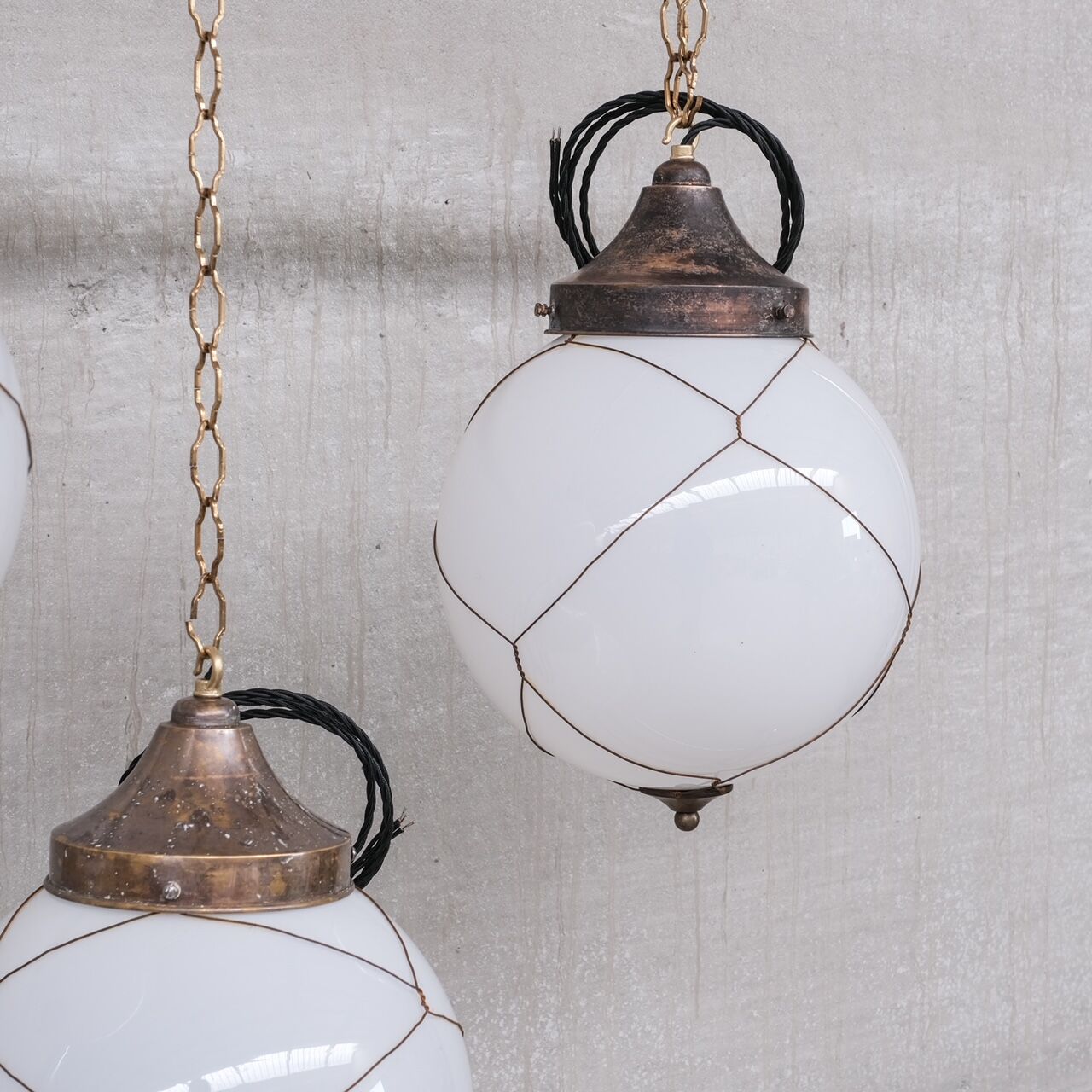 Opaline and brass mid-century caged pendant