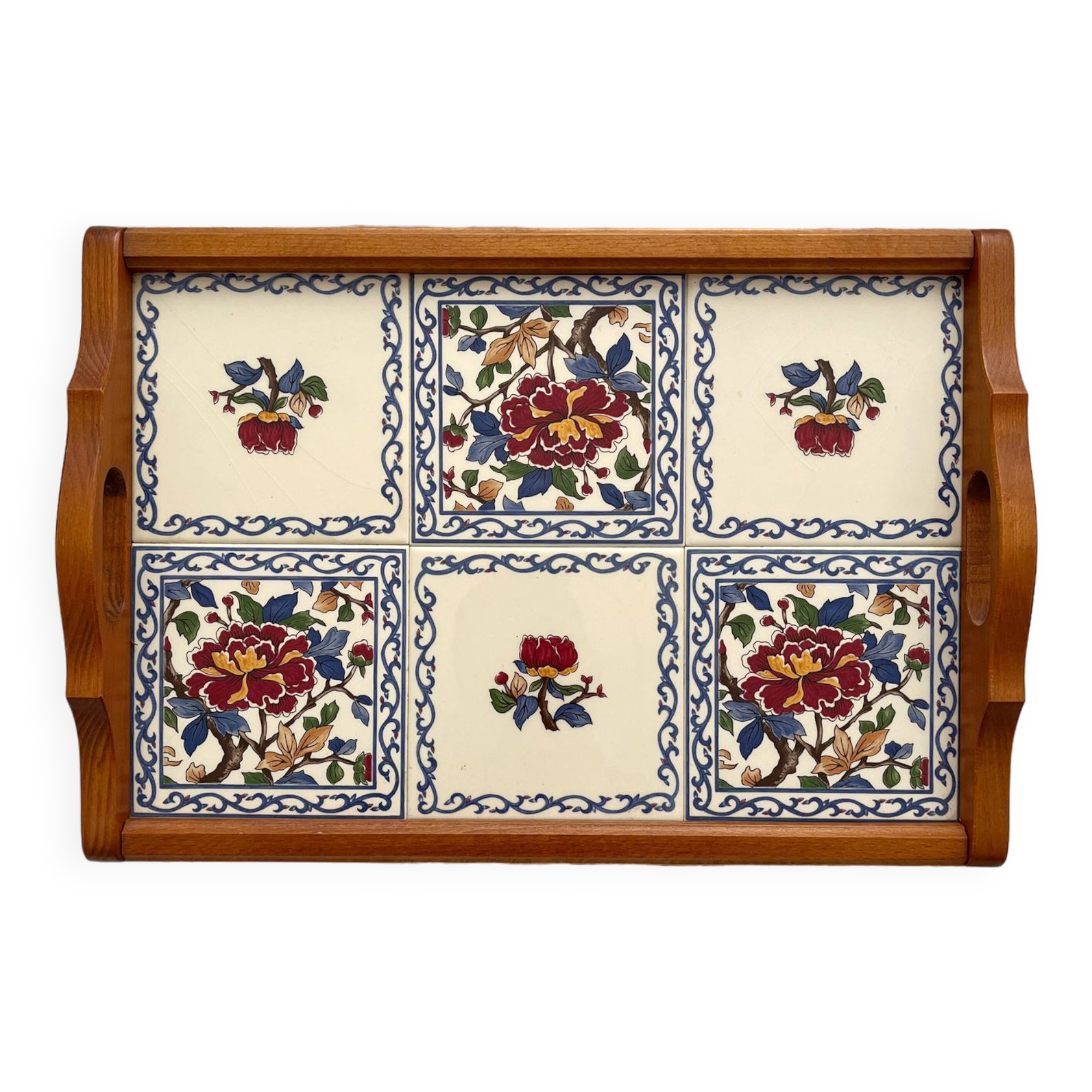 Vintage wooden and earthenware tray from Gien with Peonies decor