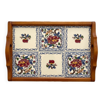 Vintage wooden and earthenware tray from Gien with Peonies decor