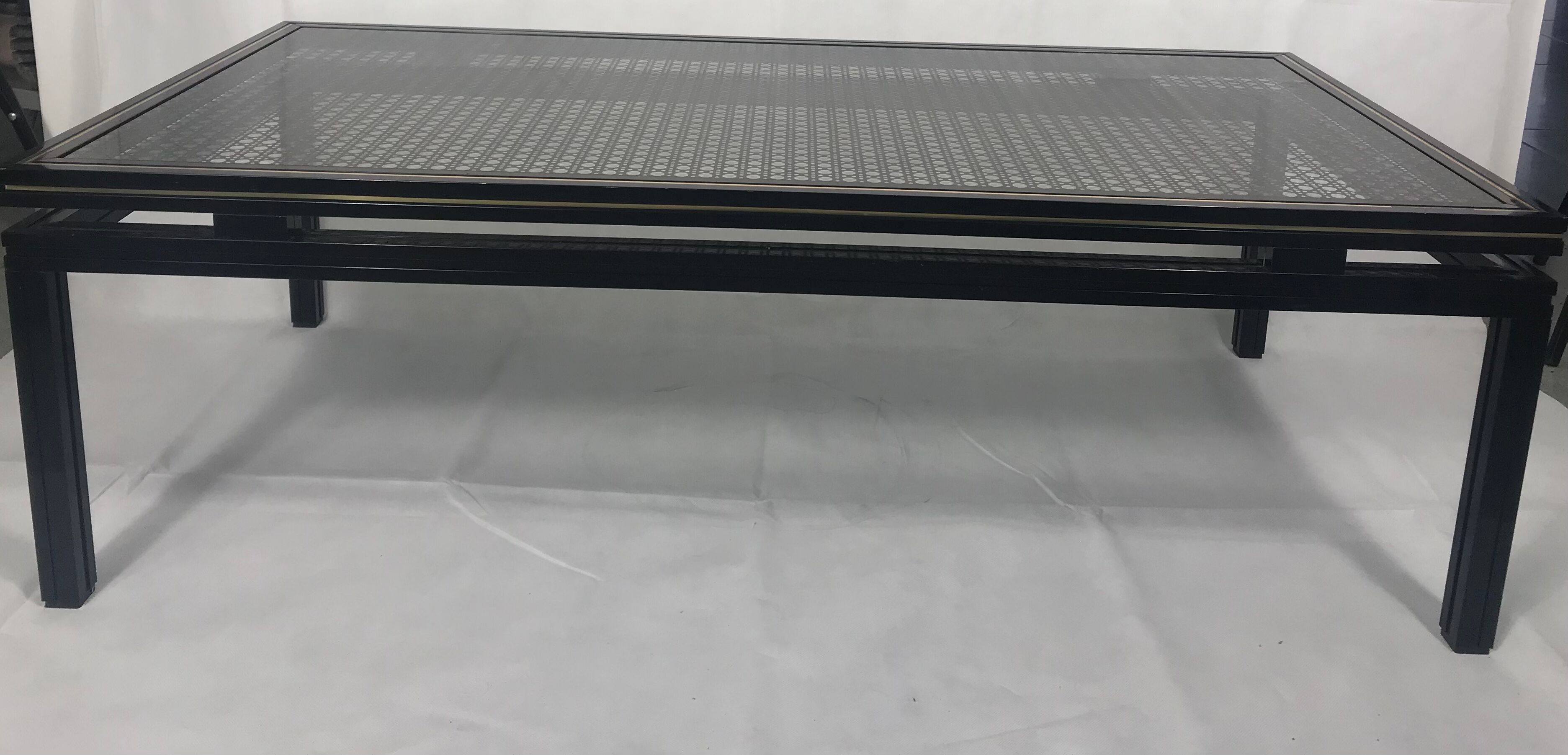 Pierre Vandel coffee table, glass with black cane pattern