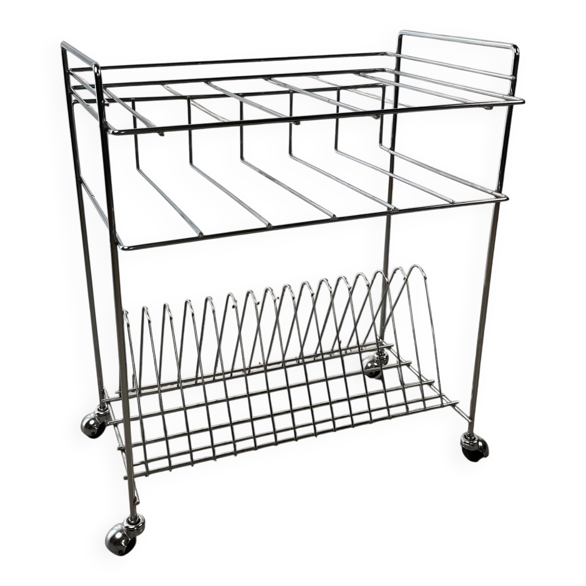 Vintage Chrome Record Holder on Wheels