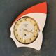 Vintage formica clock silent asymmetrical wall pendulum "BC Paris white red"