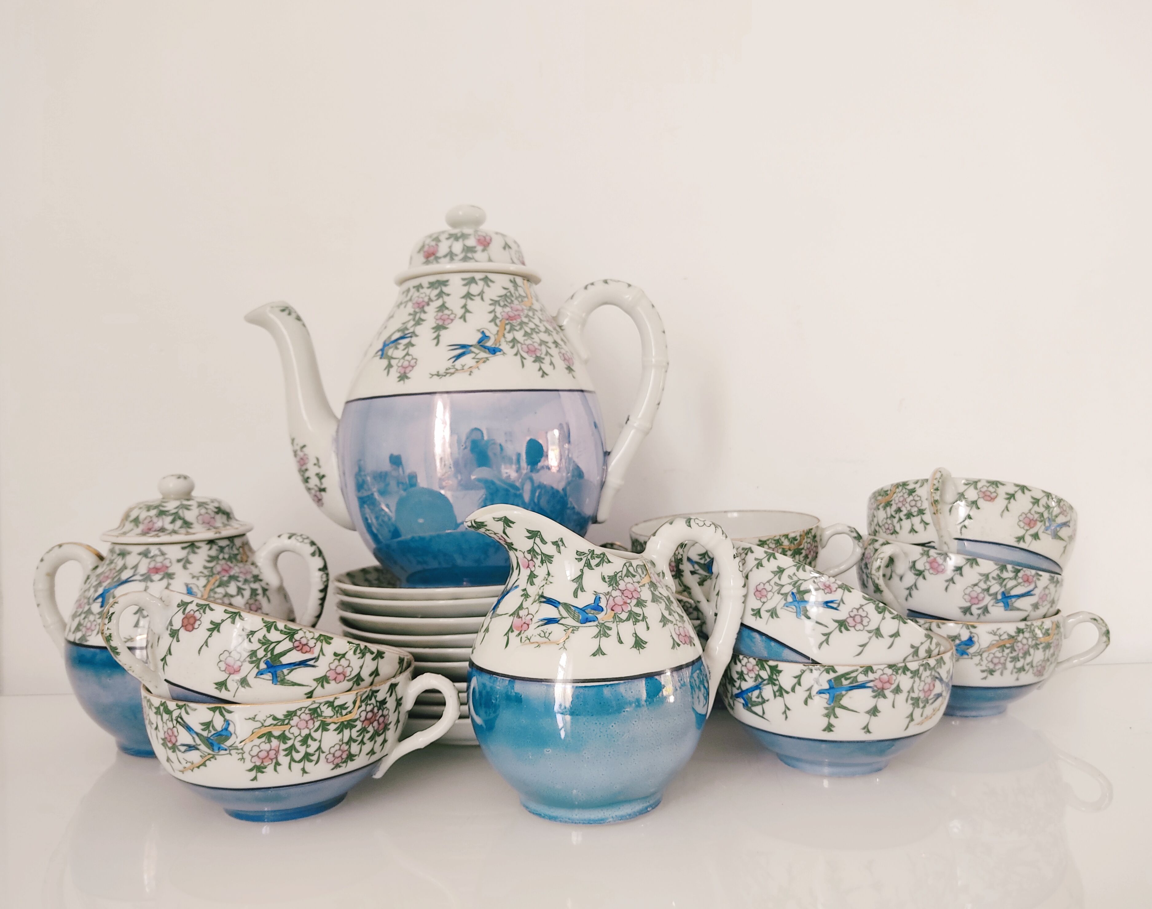 Japanese coffee set 10 cups, milk jar, sugar pot